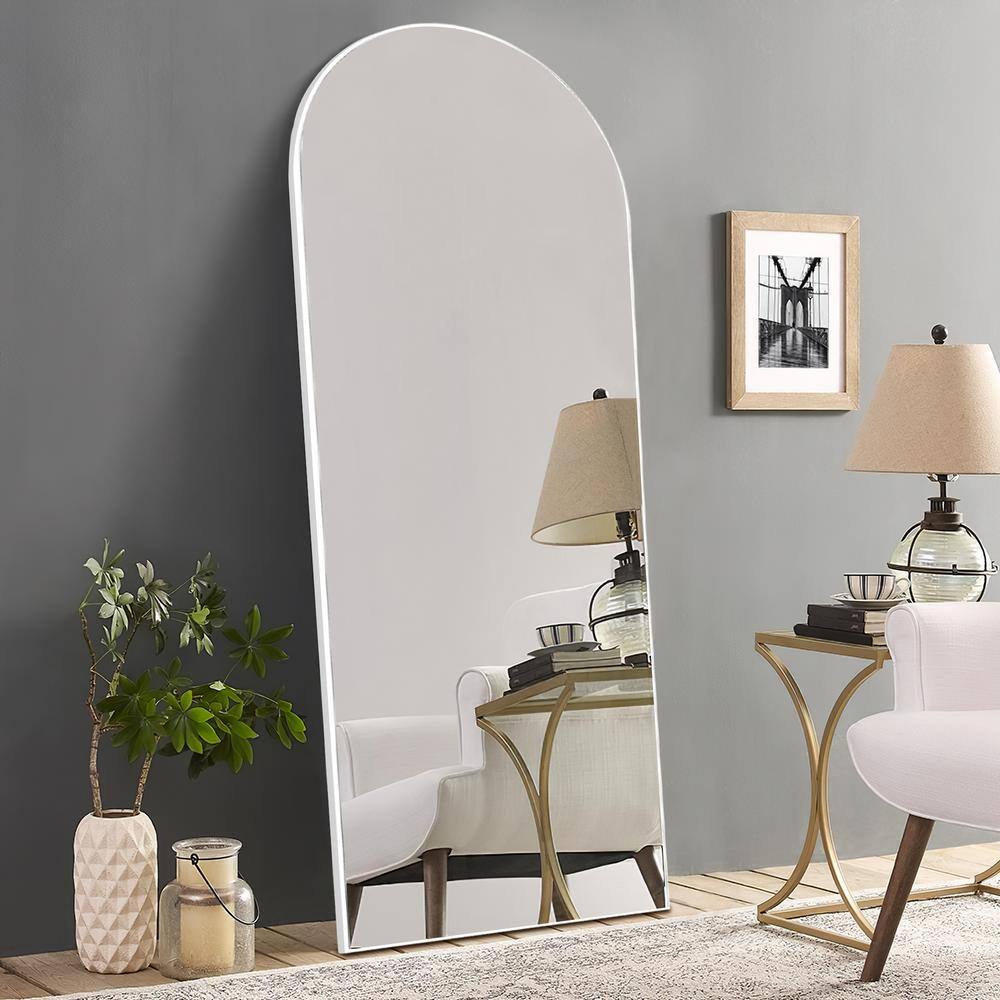 65 in. x 22 in. Modern Arched Shape Framed White Standing Mirror Full ...