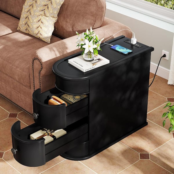 Kerlin 23.62 in. Black Rectangle Wood End Table with Charging Station