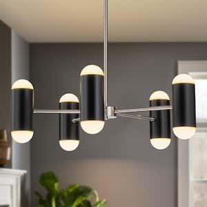 Cobina 5-Light Modern Black Polished Nickel Sputnik Cylinder Pendant Dimmable Integrated LED Chandelier for Living Room