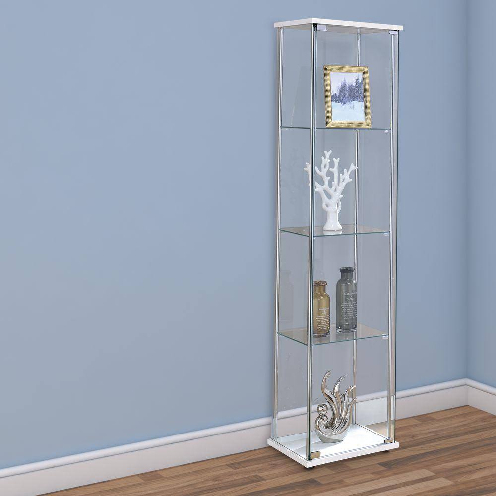 Tall White and Chrome Glass Curio Cabinet with Shelves