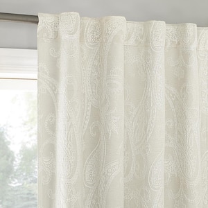 Pedra Paisley Embroidery Pearl White Polyester 40 in. W x 84 in. L Back Tab 100% Blackout Curtain (Single Panel)