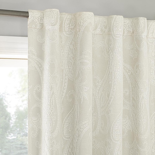 Sun Zero Pedra Paisley Embroidery Pearl White Polyester 40 in. W x 96 in. L Back Tab 100% Blackout Curtain (Single Panel)