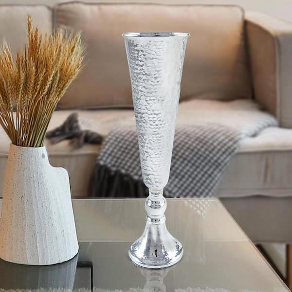LIVING LUXURY 18.5 in. Silver Metal Hammered Trumpet Table Flower Vase Centerpiece