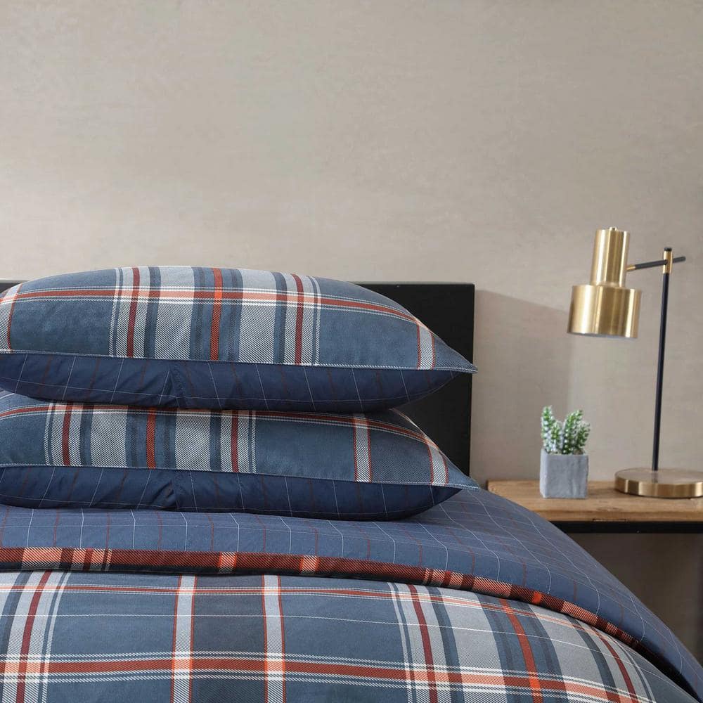 Navy Blue Plaid Microfiber Full/Queen Duvet Cover Set