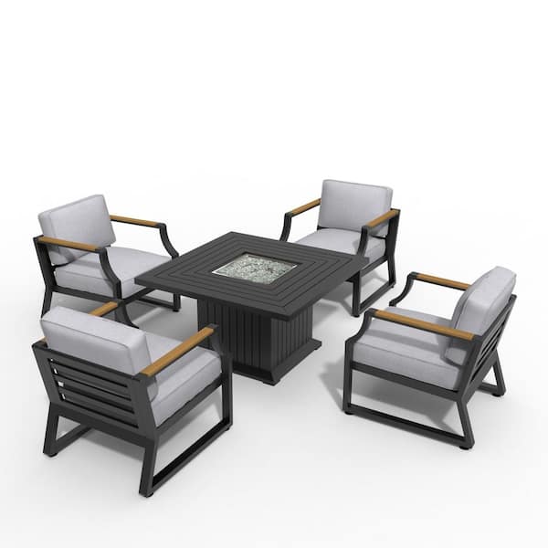 moda furnishings Augustine Black 5-Piece Aluminum Patio Fire Pit Conversation Set with Gray Cushions