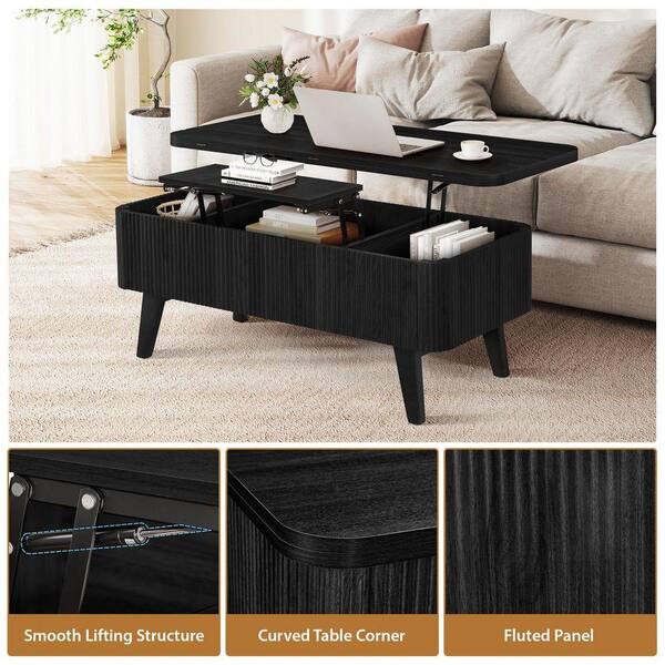 ATHMILE 42. 91in. L Black Oval MDF Coffee Table With Built-in