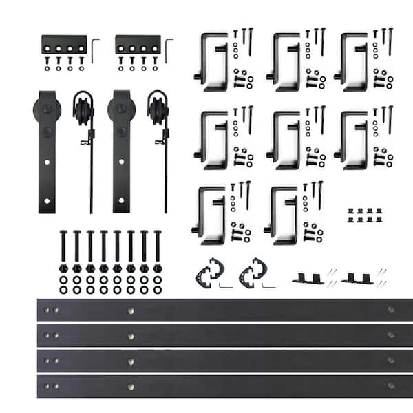 HOMACER 11 ft./132 in. Black Rustic Double Track Bypass U-Shape Sliding Barn Door Hardware Kit - Classic Design Roller