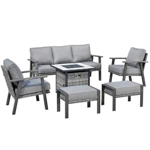 Walden Grey 6-Piece Wicker Steel Outdoor Patio Conversation Sofa Set with a Fire Pit and Dark Grey Cushions