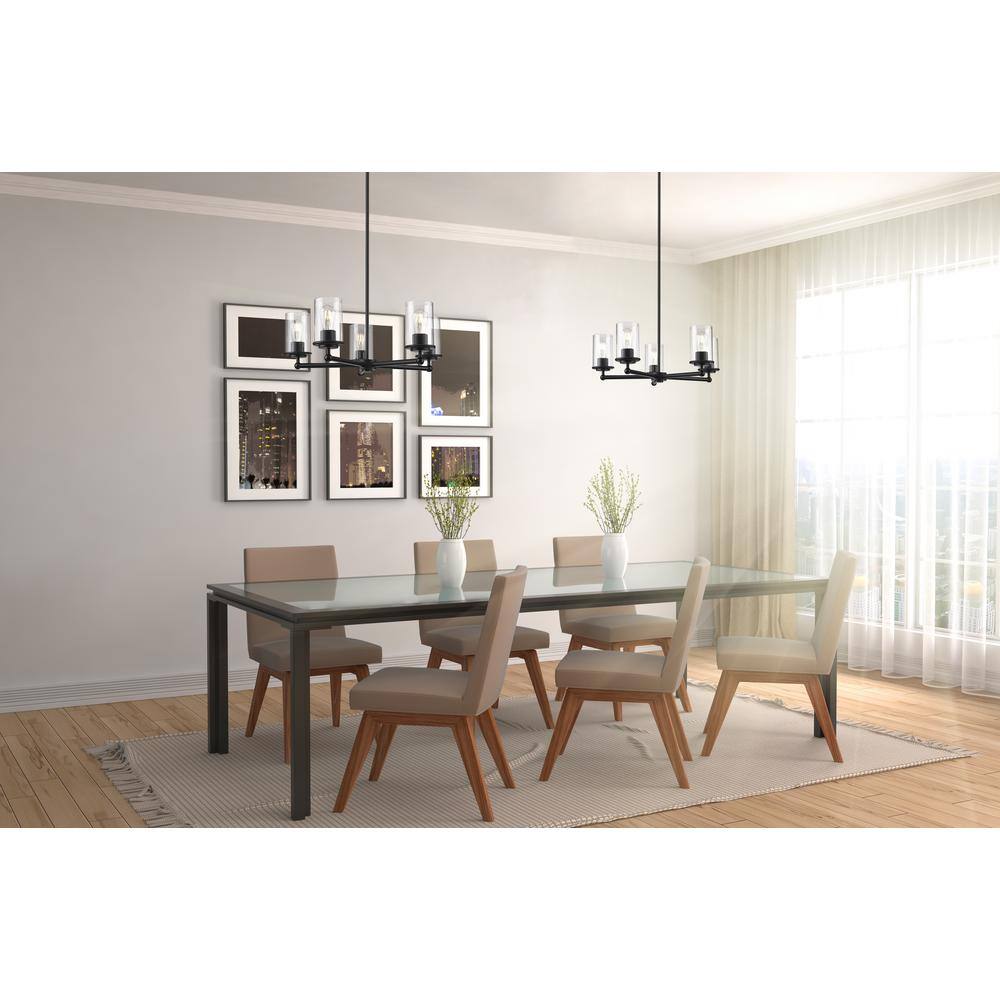 Matte Black 5-Light Steel Chandelier with Clear Glass Shades
