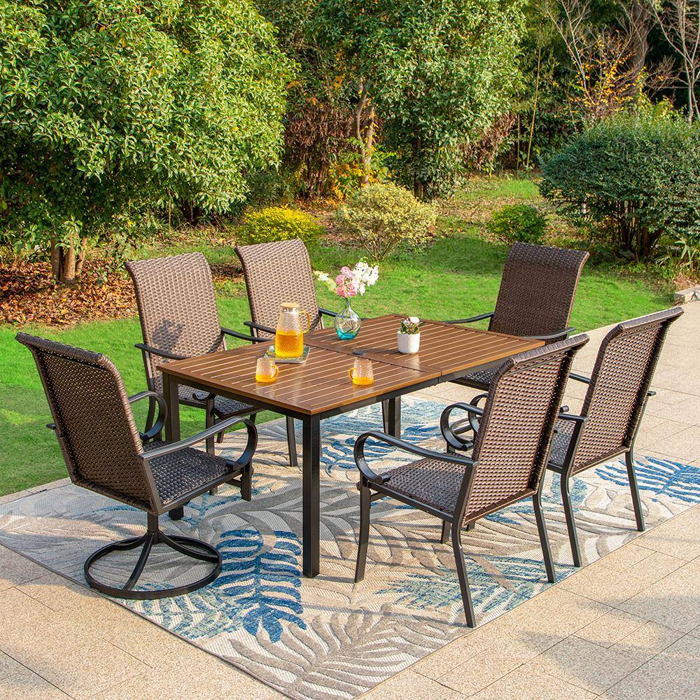 PHI VILLA Black 7-Piece Metal Outdoor Dining Set with Brown Rectangular ...