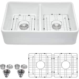 32 in. Farmhouse Double Bowl White Ceramic Kitchen Sink with Bottom Grids