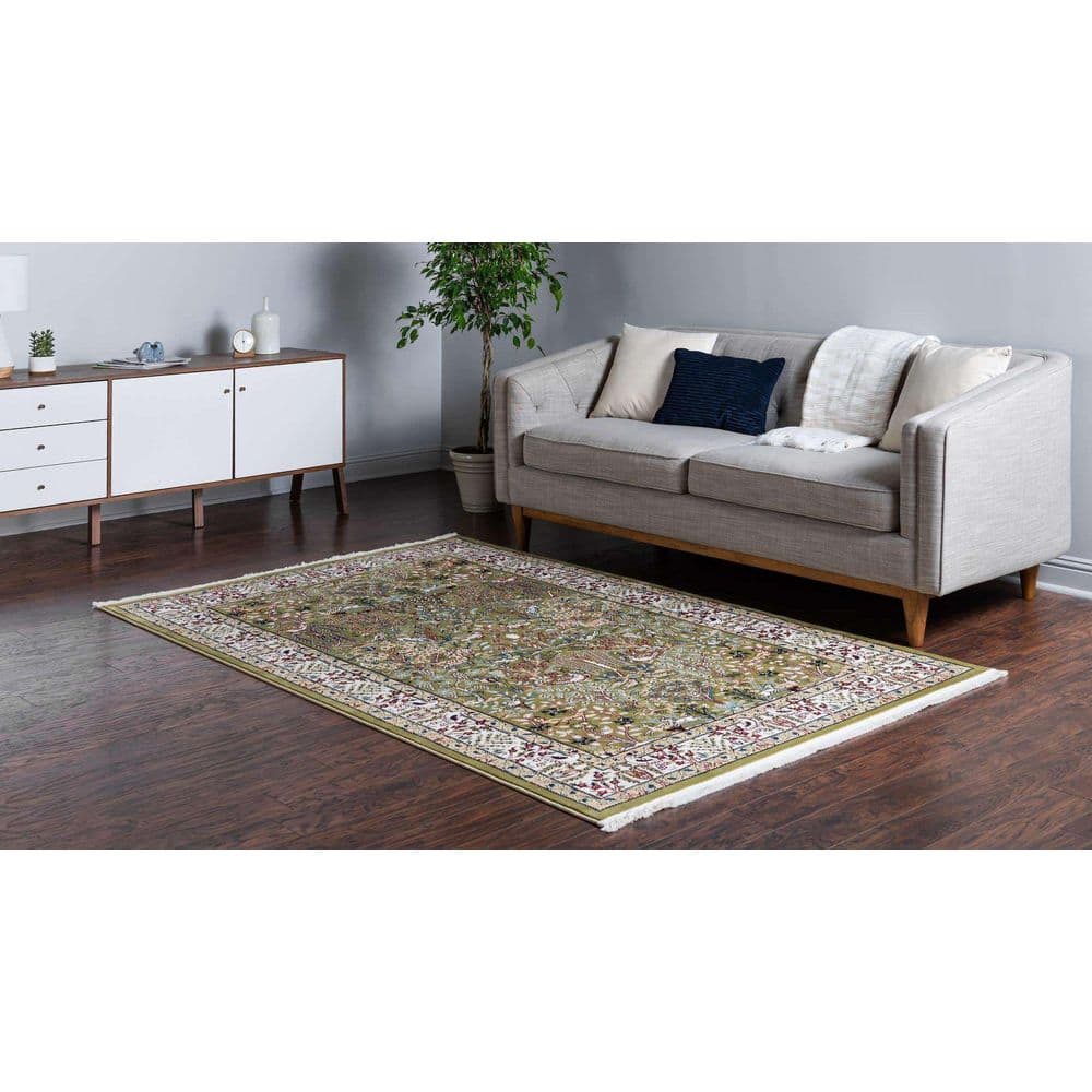 Green and Ivory Rectangular Floral Synthetic Area Rug 10' x 13'