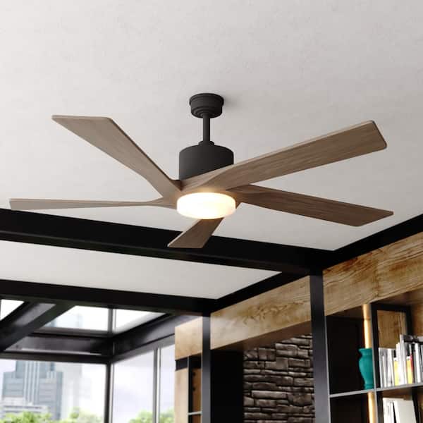 Wedgewood 60 in. Black, Dark Elm Blades, Outdoor Downrod Mount Propeller Ceiling Fan, LED Light Kit and Remote, DC Motor