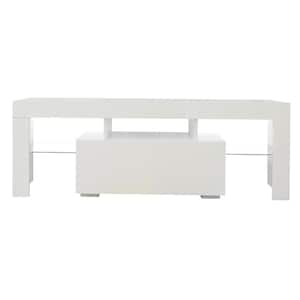Modern White TV Stand with LED Lights High Glossy TV Table with Glass Storage Shelves TV Console Fits TVs up to 55 in.
