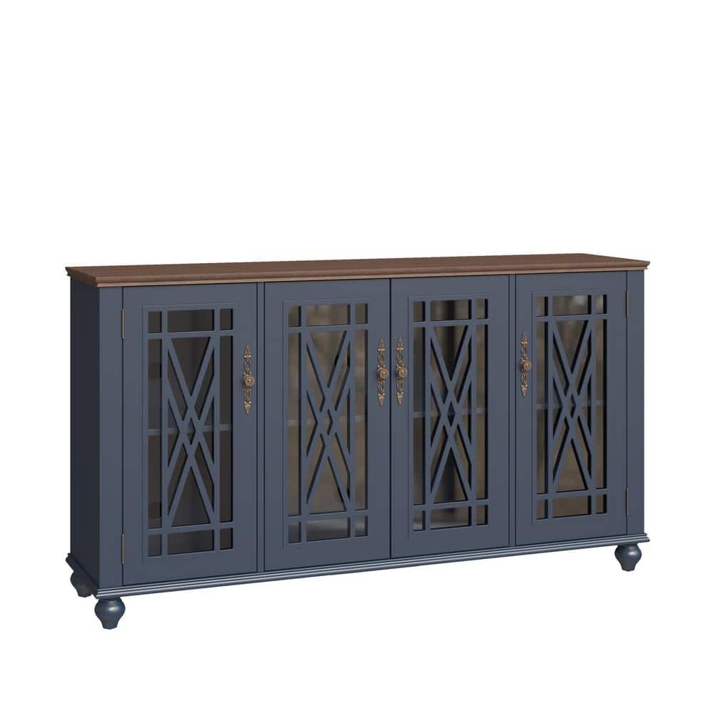 63" Navy Vintage Wood Buffet Sideboard with Glass Doors