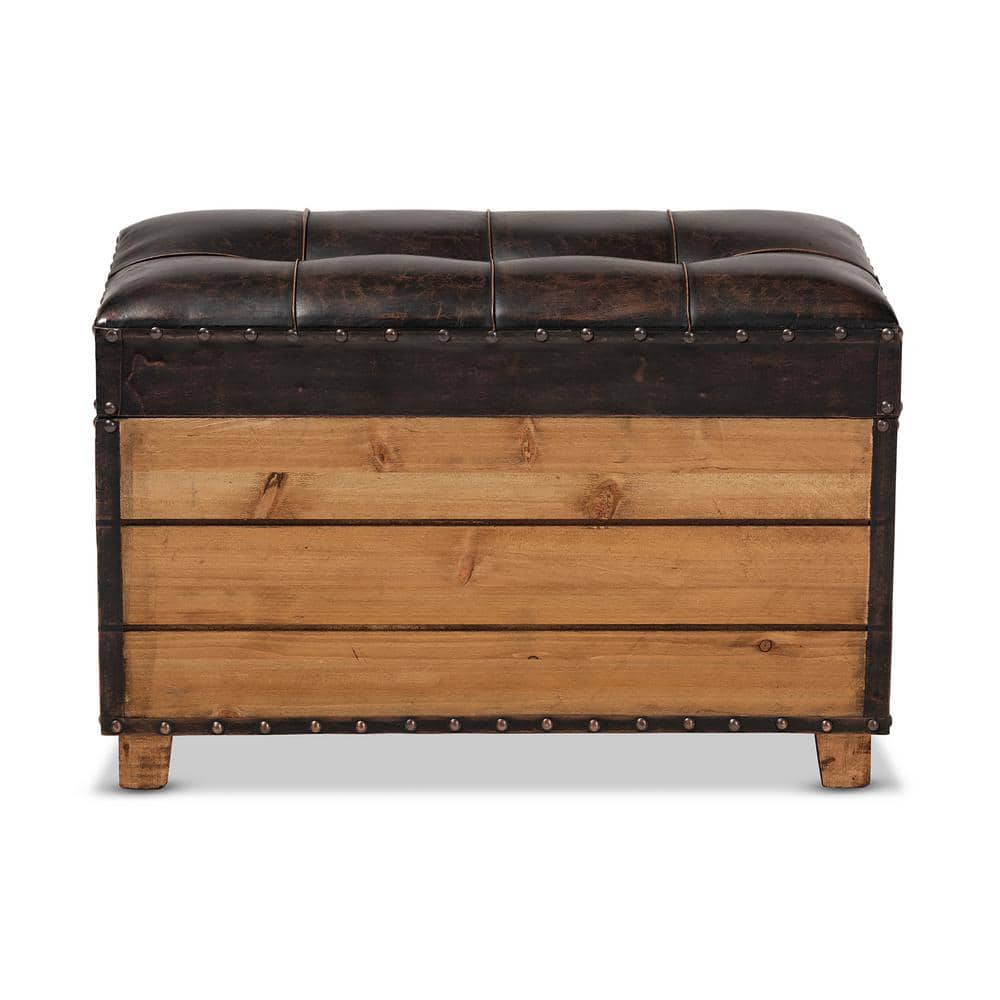 Rustic Dark Brown Faux Leather Tufted Trunk Ottoman Set