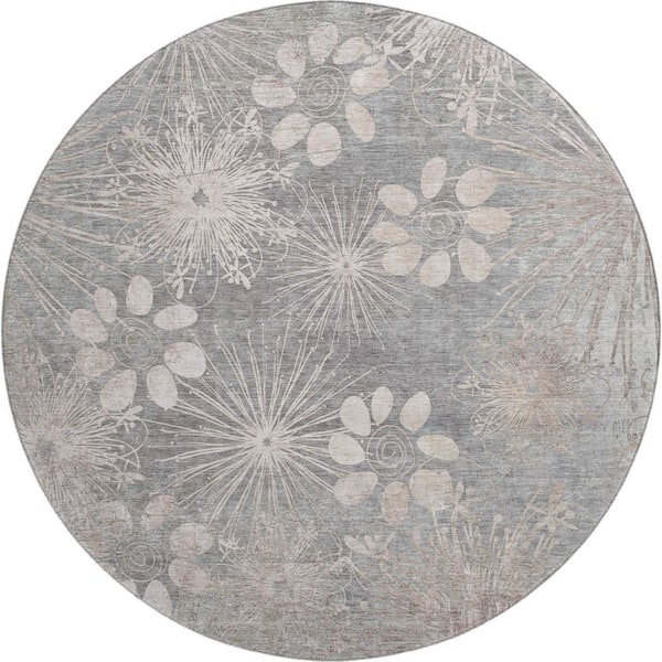 Mayfield Premium Machine Washable Abstract AMF2225 Gray 8 ft. x 8 ft. Round Rug