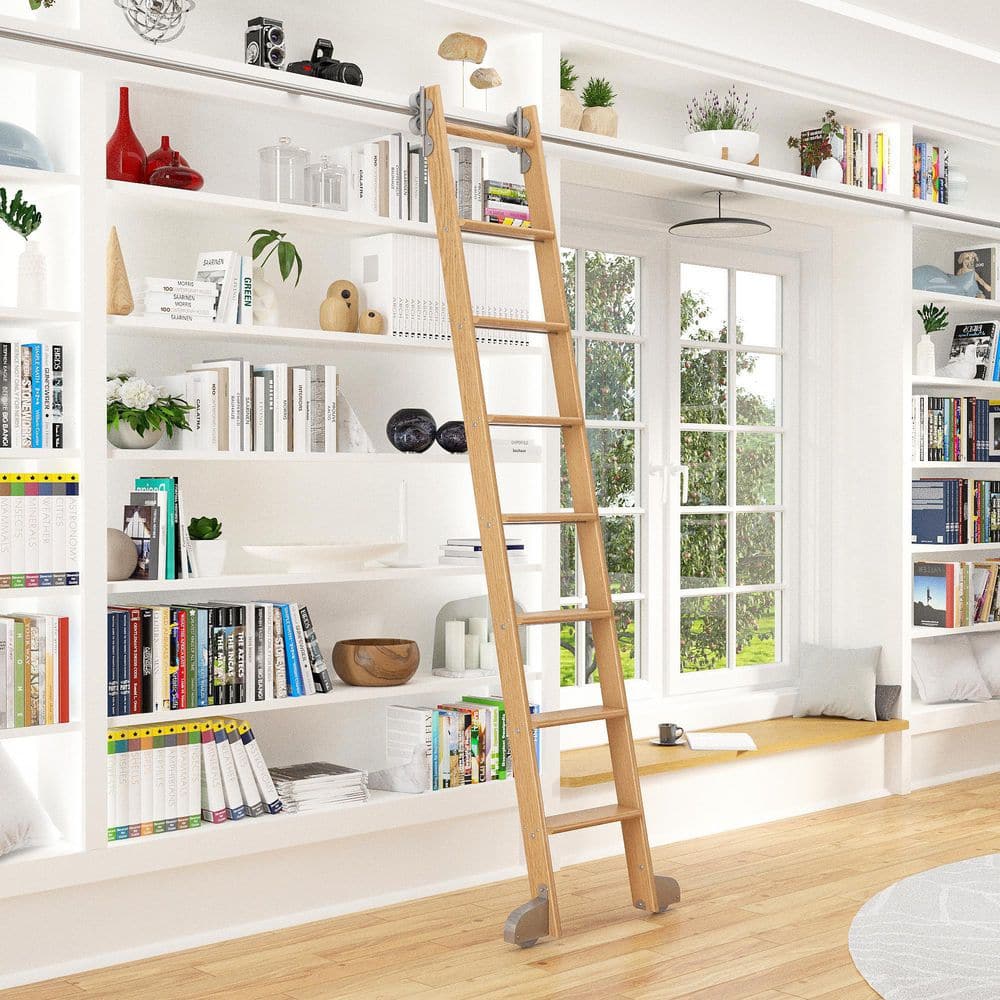 8.06 ft. Red Oak Library Ladder (9 ft. Reach) Satin Nickel Modern Rolling Hardware 12 ft. Rail and Horizontal Brackets price history on PriceWatchPro