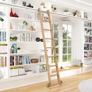8.06 ft. Red Oak Library Ladder (9 ft. Reach) Satin Nickel Modern Rolling Hardware 12 ft. Rail and Horizontal Brackets
