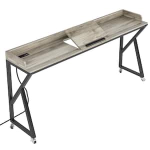 Cassey 70.9 in. Gray Wood Overbed Table, Writing Desk with Wheels and Tiltable Tabletop