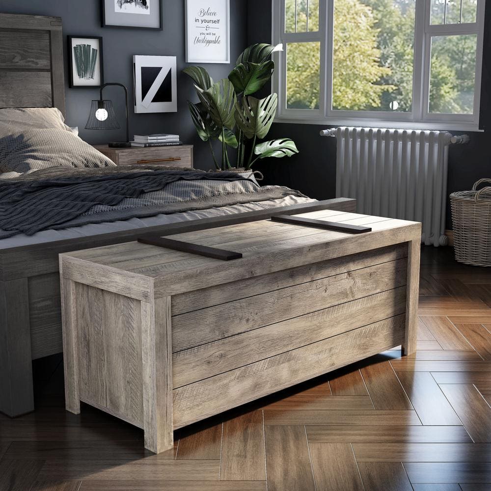 Weathered Oak Farmhouse Storage Bench with Slide Top