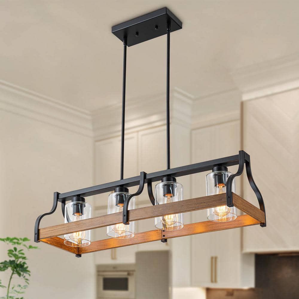 4-Light Black Iron Frame Farmhouse Glass Shade Hanging Kitchen Island Penda