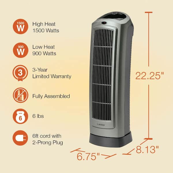 Lasko 1500W 23 in. Gray Electric Tower Ceramic Space Heater with
