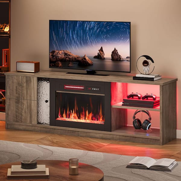PINMOCO 63 in. Gray Black TV Stand with Electric Fireplace Fits