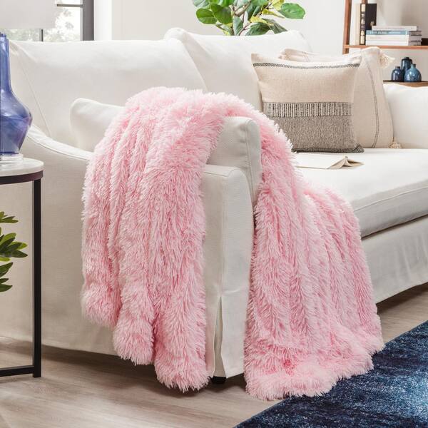 CHANASYA Solid Pink Shaggy Faux Long Fur Polyester Throw Blanket