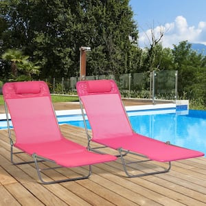 2-Piece Metal Folding Outdoor Chaise Lounge Chairs with Mesh Fabric Adjustable Backrest and Removable Headrest, Pink