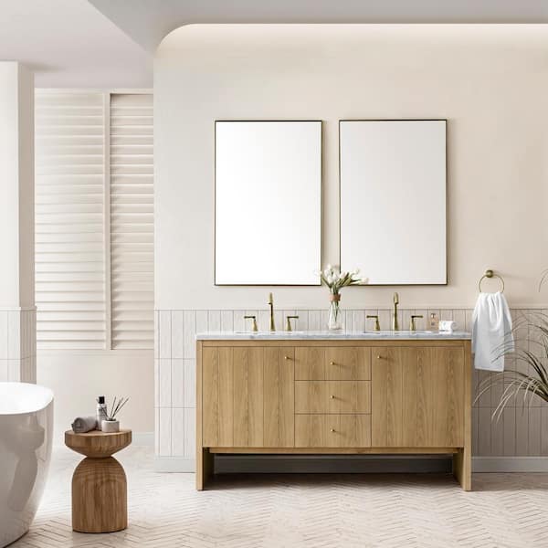James Martin Vanities Hudson 60.0 in. W x 23.5 in. D x 34.2 in. H Bathroom Vanity in Light Oak with Arctic Fall Solid Surface Top