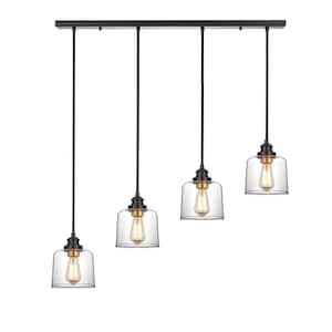 37 in. 4-Light Bronze Farmhouse Kitchen Island Pendant Light with Drum Glass Shade