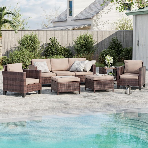 Sonkuki 6-Piece Patio Sofa Set Brown Wicker Outdoor Furniture Set with Coffee Table, Sand