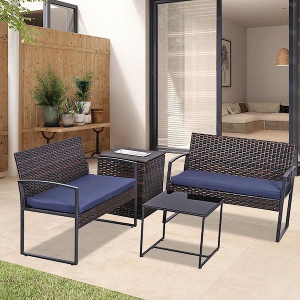 EPIPHANY DOUBLED INC 4-Piece Blue Rattan Wicker Outdoor Chairs with coffee table and Ice bucket