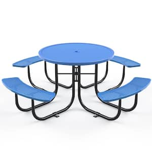 Blue 78.7 in. Round Metal Picnic Table with Umbrella Pole for Seats 4-8 People