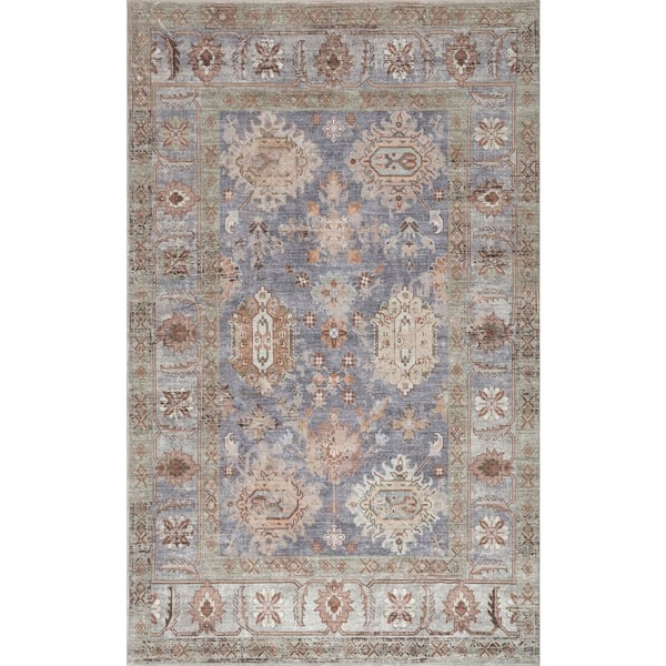 Kisara Oushak Style Distressed Border Non-Slip Machine-Washable Khaki/Gray 5 ft. x 8 ft. Area Rug