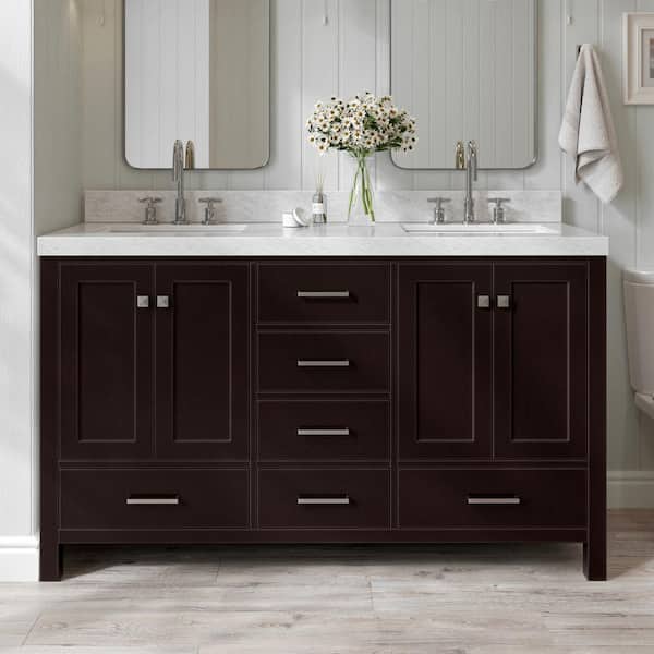 ARIEL Cambridge 60 in. W x 22 in. D x 36.5 in. H Double Freestanding Bath Vanity in Espresso with Carrara Marble Top