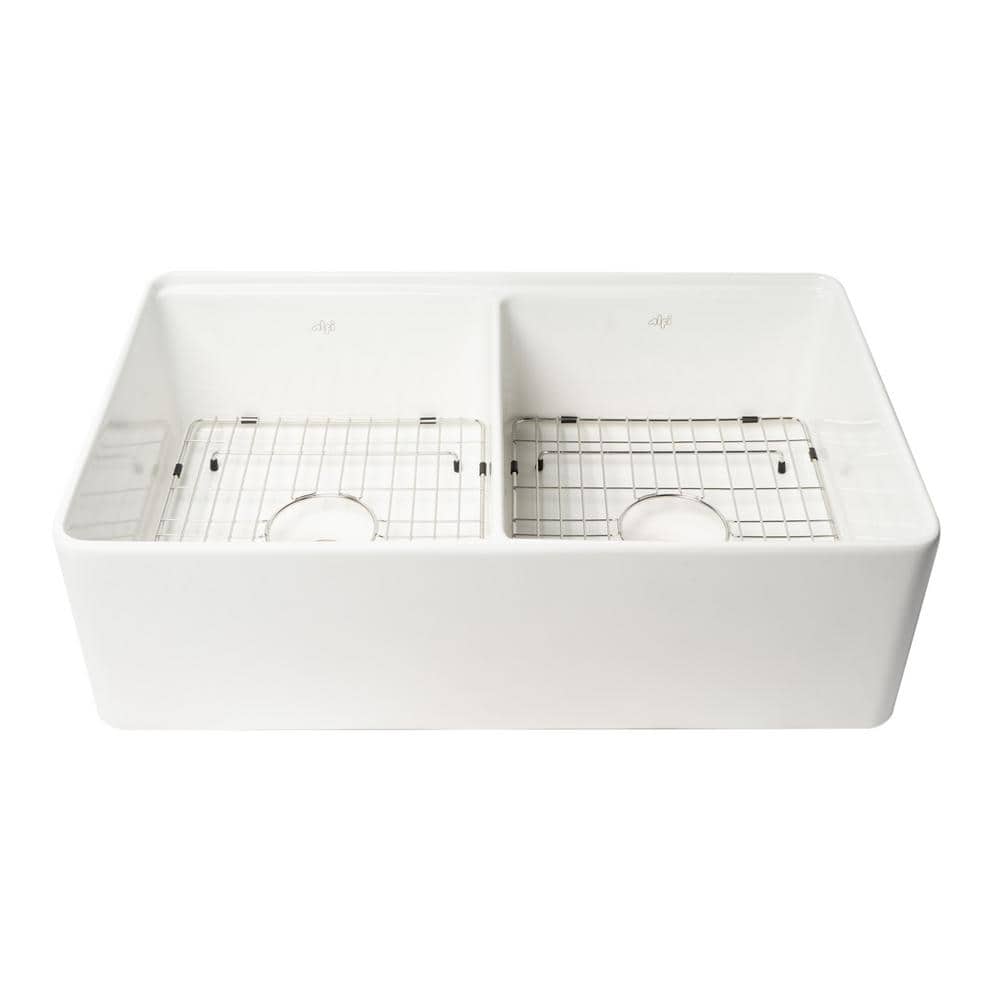White 33" Double Bowl Fireclay Farmhouse Workstation Sink