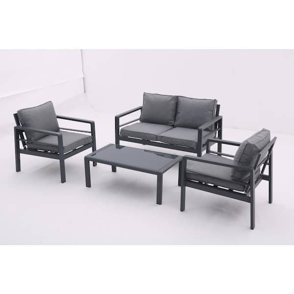 Zeus & Ruta Gray 4-Piece Aluminum Patio Conversation Set with Gray Cushions and Coffee Table for Courtyard, Poolside, Deck, Balcony