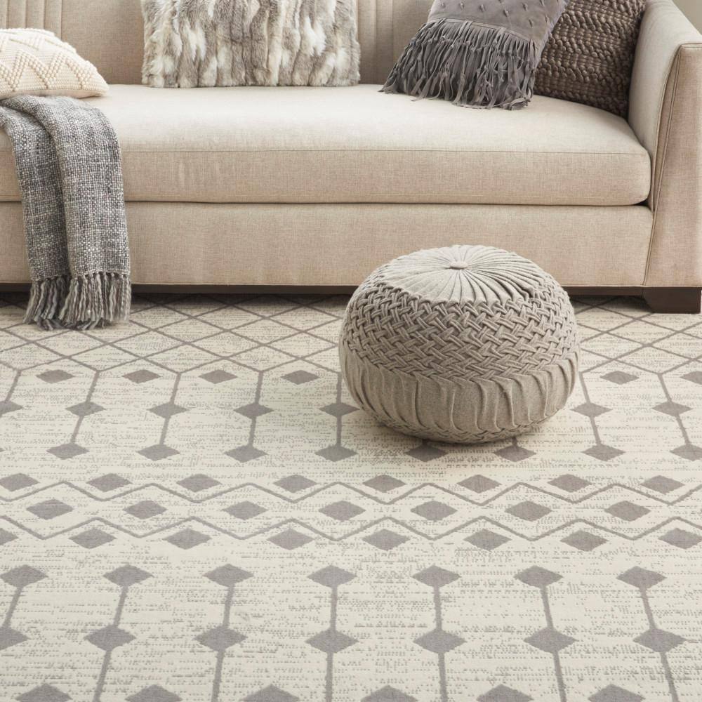 Ivory and Grey Geometric Hand-Knotted 7'10" x 9'10" Synthetic Area Rug