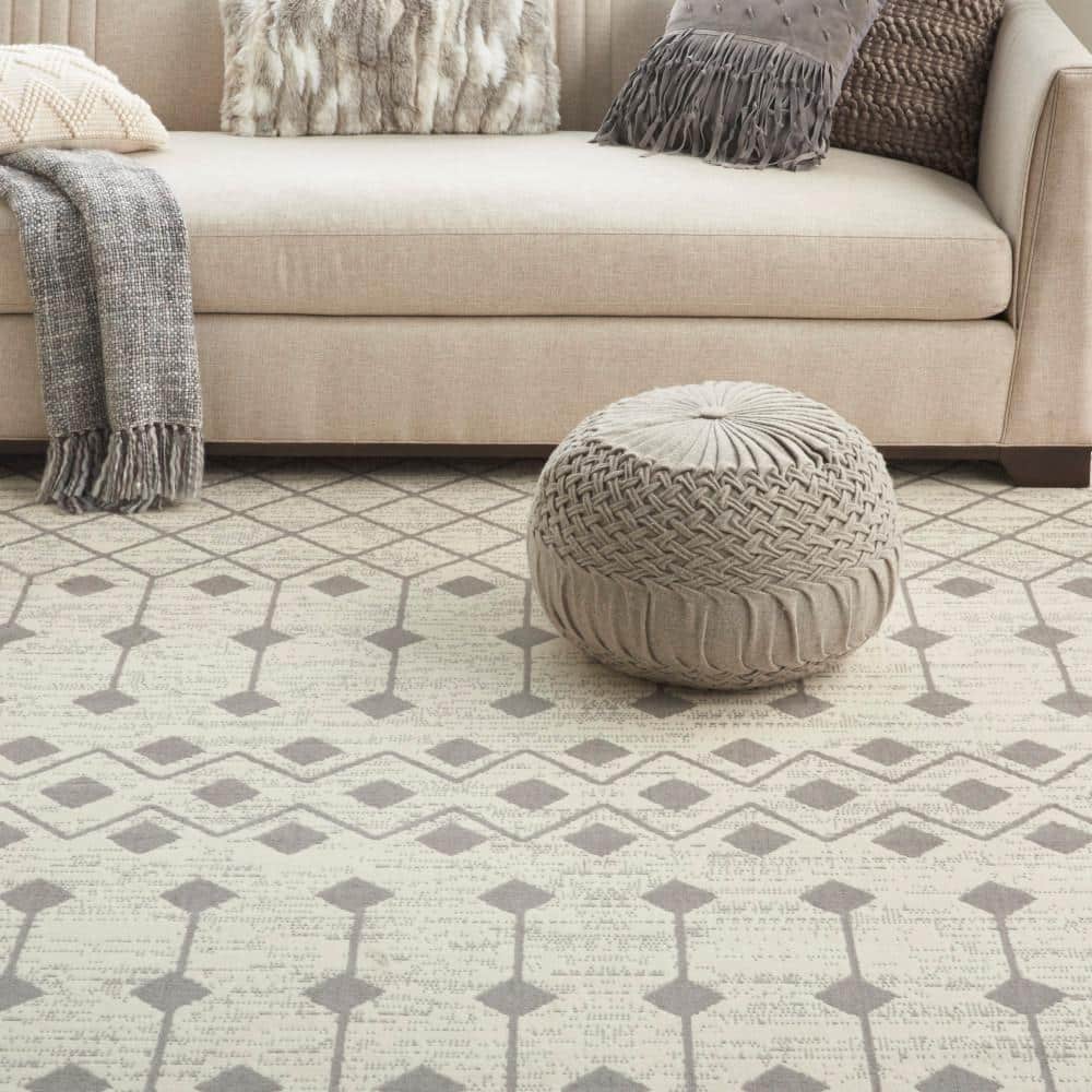 Ivory and Grey Geometric Hand-Knotted 7'10" x 9'10" Synthetic Area Rug