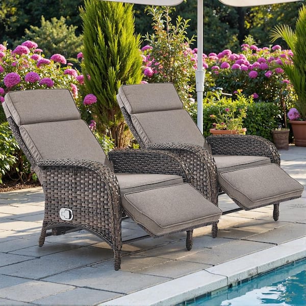 2-Pack Brown Wicker Outdoor Pneumatic Pump Gravity Adjustable Recliner for Patio with CushionGuard Gray Cushions