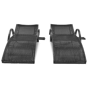 80 in. Black Wicker Outdoor Chaise Lounge Chairs Set of 2-Rattan Reclining Chair Pull-Out Side Table Adjustable Backrest