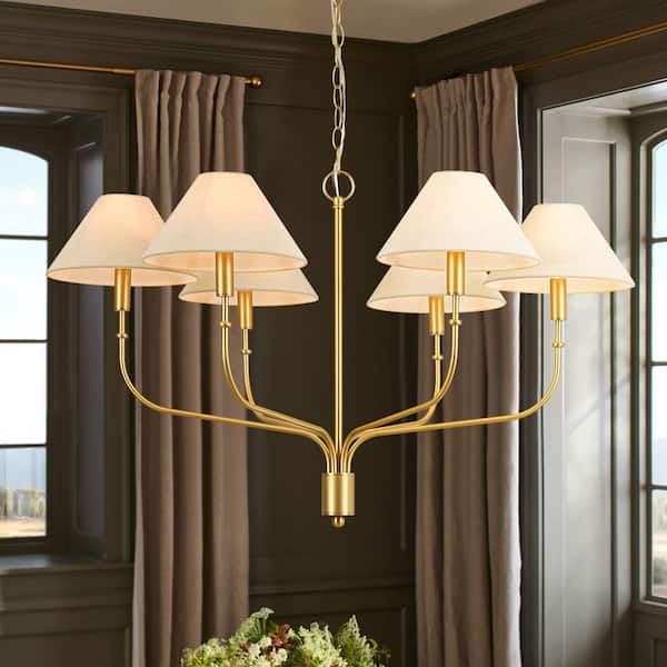 Gunnora 33.5 in. 6-Light Brushed Gold Cone Fabric Shade Dimmable Chandelier