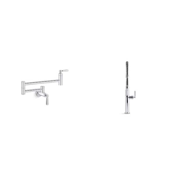 Edalyn Polished Chrome Wall Mount Pot Filler and Single Handle Pull Down Sprayer Kitchen Faucet Combo