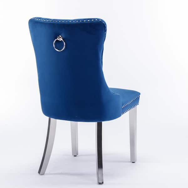 Modern Blue Tufted Solid Wood Velvet Upholstered Dining Chair with Chrome Stainless Steel Plating Legs Set of 2