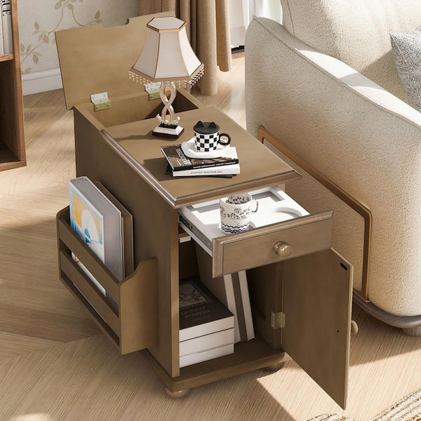 12.6 in. W Brown Rectangle Wood End Table with Charging Station, USB Ports, Tray with Cup Holder, Cabinet Bookshelf
