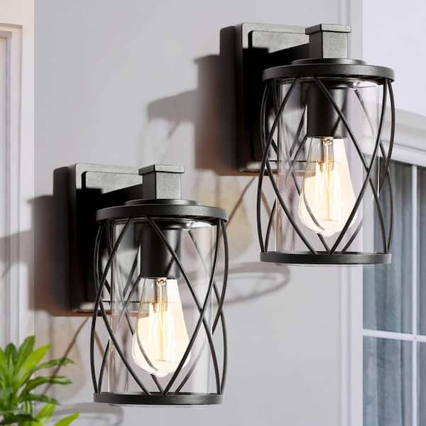Farmhouse Outdoor Porch Wall Light 1-Light Craftsman Black Patio Wall Lantern Sconce with Clear Glass Shade (2-Packs)