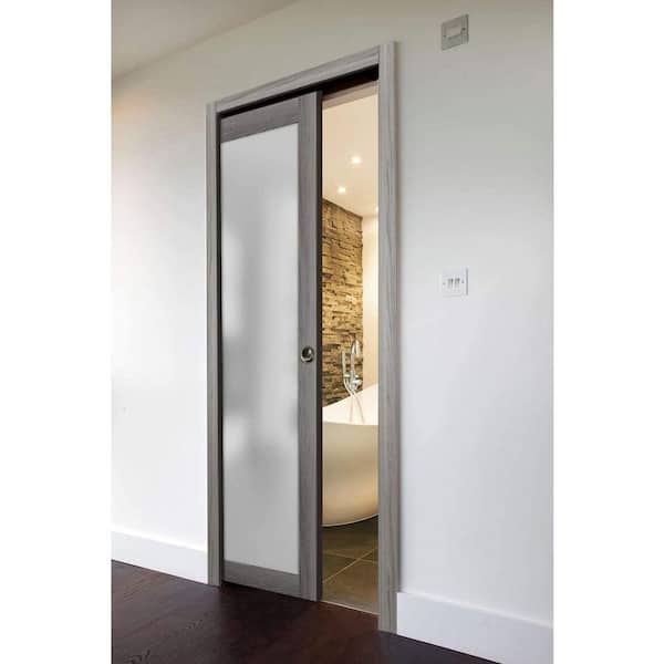 28 in. x 80 in. 1-Panel Grey Finished Solid Wood Sliding Door with Pocket Hardware