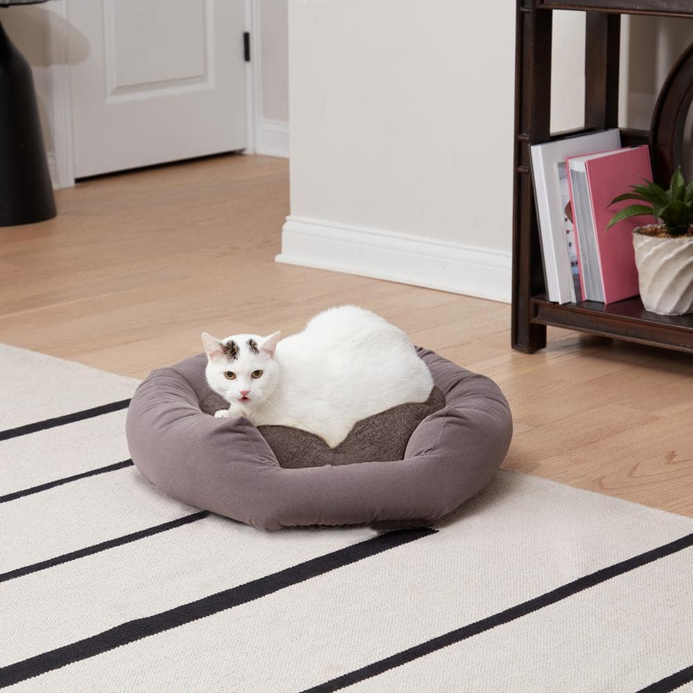 Gray Microfiber Round Donut Cat Bed with Sherpa Center